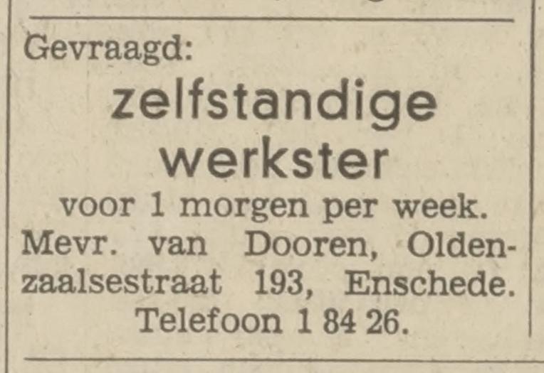Oldenzaalsestraat 193 Mevr. van Dooren advertentie Tubantia 2-1-1968.jpg