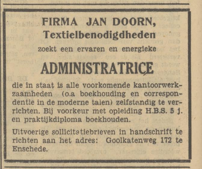 Goolkatenweg 172 Jan Doorn Textielbenodigdheden advertentie Tubantia 3-2-1951.jpg