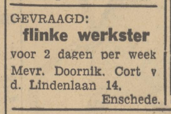 Cort van der Lindenlaan 14 Mevr. Doornik advertentie Tubantia 2-10-1948.jpg