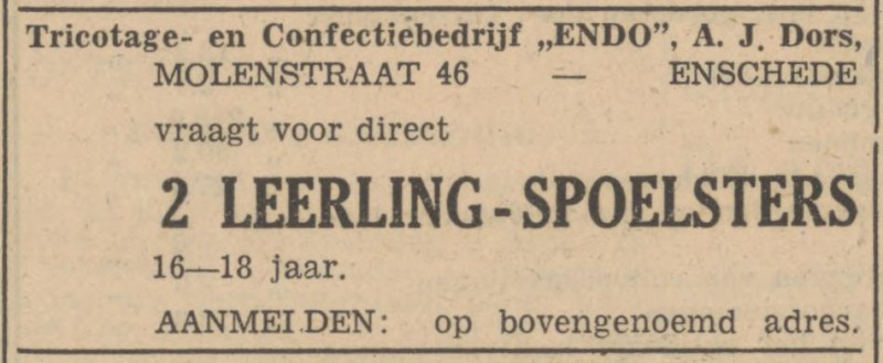 Molenstraat 46 Confectiebedrijf ENDO A.J. Dors advertentie Tubantia 16-9-1947.jpg
