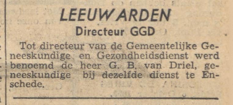 G.B. van Driel Directeur Gemeentelijke Geneeskundige en Gezondheidsdienst krantenbericht 6-10-1955.jpg