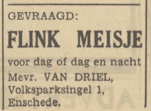 Volksparksingel 1 Mevr. van Driel advertentie Tubantia 15-6-1949.jpg