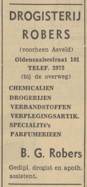 Oldenzaalsestraat 101 Drogisterij Robers voorheen Asveld advertentie Tubantia 28-11-1950.jpg