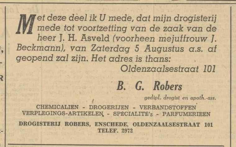 Oldenzaalsestraat 101 Drogisterij Robers voorheen J.H Asveld advertentie Tubantia 3-8-1950.jpg