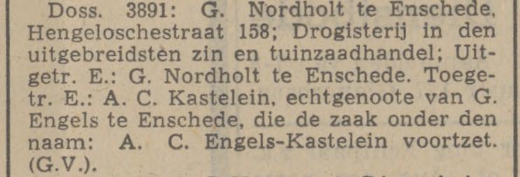 Hengelosestraat 158 Drogisterij G. Engels v.h. G. Nordholt krantenbericht Tubantia 19-3-1942.jpg