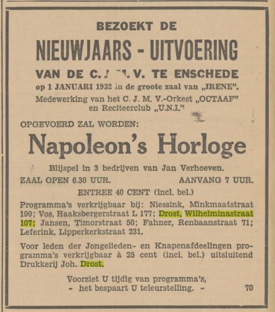 Wilhelminastraat 107 J. Drost Drukkerij advertentie Tubantia 30-12-1931.jpg