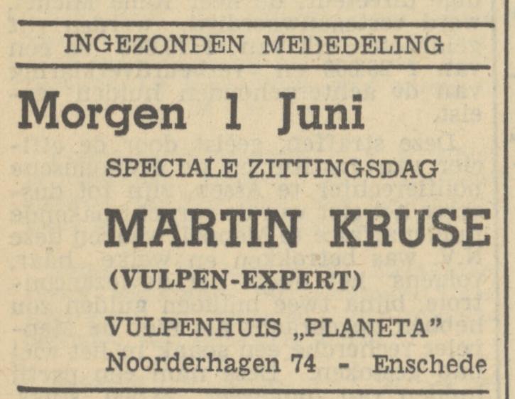 Noorderhagen 74 Vulpenhuis Planeta M. Kruse advertentie Tubantia 31-5-1949.jpg