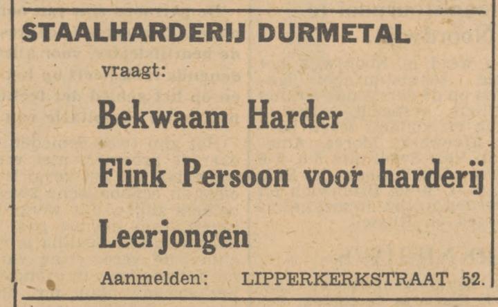 Lipperkerkstraat 52 Durmetal Staalharderij advertentie Tubantia 15-3-1948.jpg