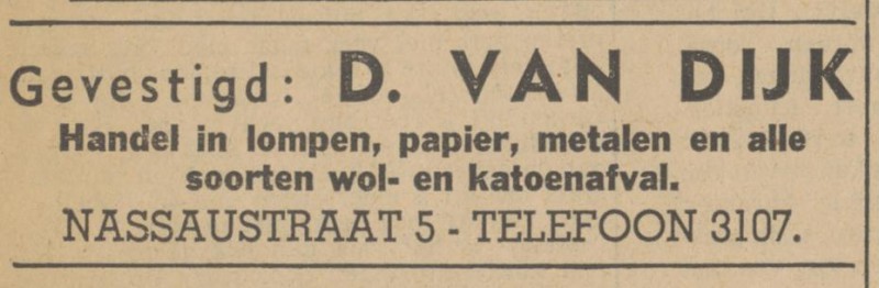 Nassaustraat 5 D. van Dijk handel in lompen, papier, metalen advertentie Tubantia 11-11-1940.jpg