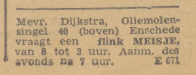 Oliemolensingel 40 boven Mevr. Dijkstra advertentie Twentsche Courant 14-12-1950.jpg