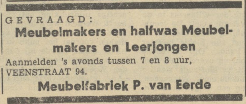 Veenstraat 94 P. van Eerde meubelfabriek advertentie Tubantia 7-2-1950.jpg