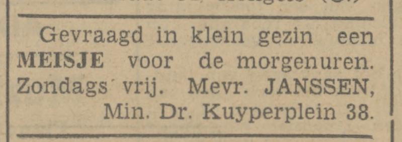 Minister Dr. Kuyperplein 38 Mevr. Janssen advertentie Tubantie 8-7-1942.jpg