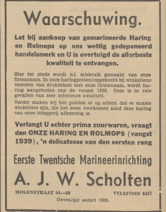Molenstraat 64-68 Eerste Twentsche Marineerinrichting advertyentie Tubantia 17-2-1940.jpg