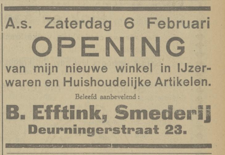 Deurningerstraat 23  B. Efftink  smederij advertentie Tubantia 5-2-1926.jpg