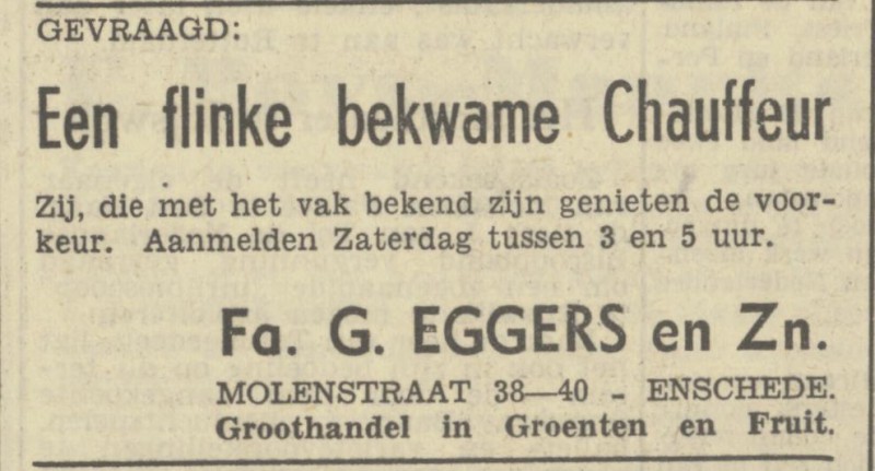 Molenstraat 38-40 Fa. G. Eggers & Zonen Groothandel in Groenten en Fruit advertentie Tubantia 10-5-1950.jpg