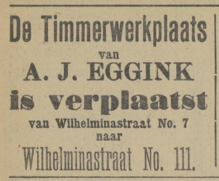 Wilhelminastraat 111 Eggink Timmerwerkplaats advertentie Tubantia 5-7-1913.jpg