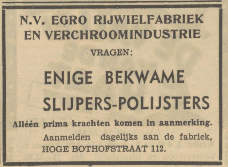 Hoge Bothofstraat 112 N.V. EGRO Rijwielfabriek en Verchroomindustrie advertentie Tubantia 11-10-1951.jpg