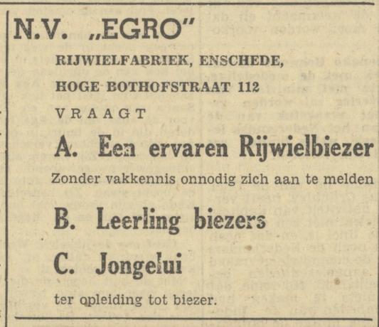 Hoge Bothofstraat 112 N.V. EGRO Rijwielfabriek advertentie Tubantia 21-1-1950.jpg