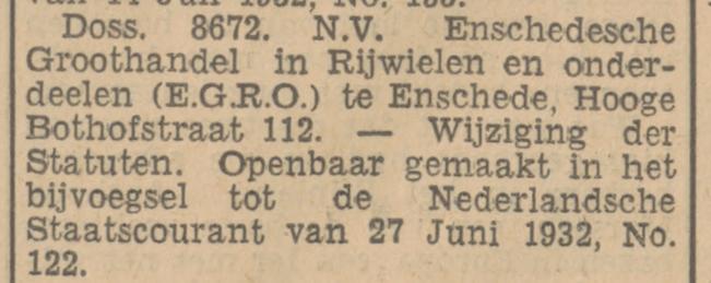 Hoge Bothofstraat 112 N.V. EGRO Enschedesche Groothandel in Rijwielen en Ondedelen  krantenbericht Tubantia 11-8-1932.jpg