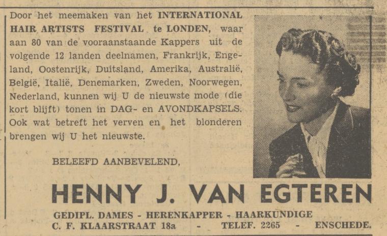 C.F. Klaarstraat 18a Henny J. van Egteren advertentie Tubantia 2-10-1951.jpg