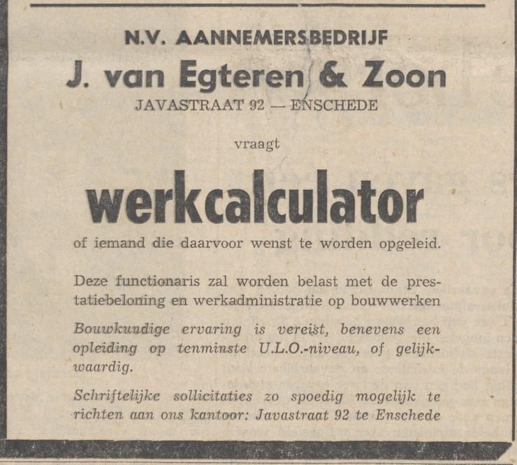 Javastraat 92 Aannemersbedrijf J. van Egteren en Zoon advertentie 10-8-1961.jpg