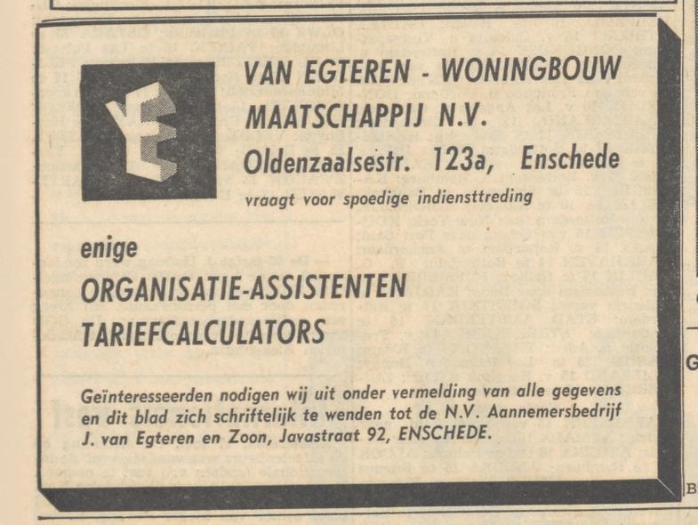 Javastraat 92 Aannemersbedrijf J. van Egteren en Zoon advertentie 17-5-1965.jpg