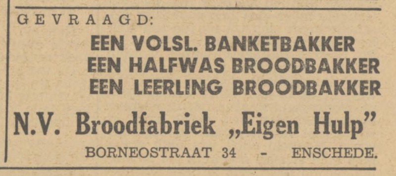 Borneostraat 34 Broodfabriek Eigen Hulp advertentie Tubantia 4-10-1948.jpg