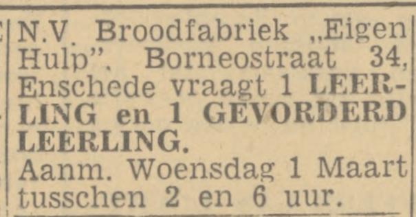 Borneostraat 34 Broodfabriek Eigen Hulp advertentie Twentsch nieuwsblad 29-2-1944.jpg