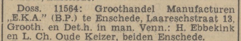 Laaresstraat 13 H. Ebbekink Groothandel Manufacturen E.K.A. krantenbericht Tubantia 8-10-1938.jpg