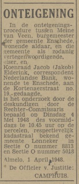 Kortenaerstraat 19 K.J. Elderink advertentie Tubantia 2-4-1948.jpg