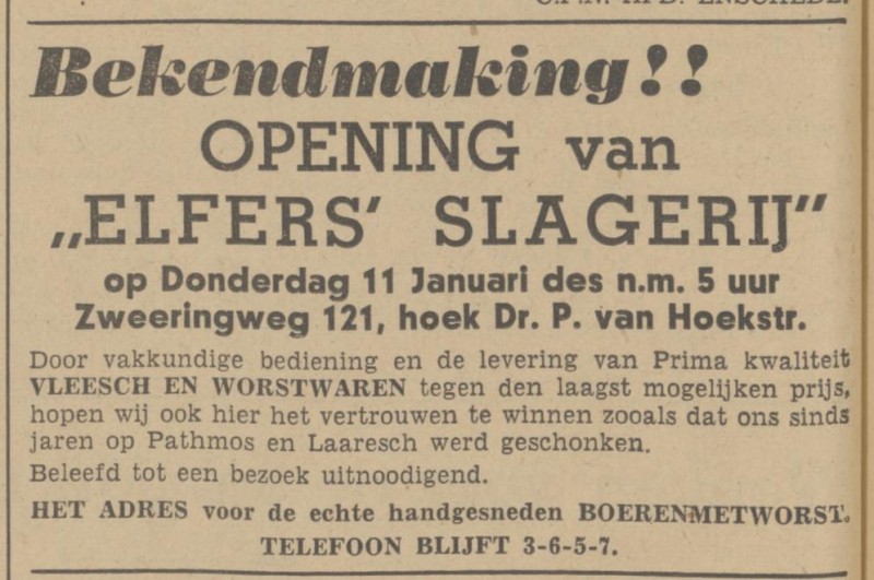 Zweringweg 121 hoek Dr. P. van Hoekstraat Slagerij Elfers advertentie Tubantia 10-1-1940.jpg