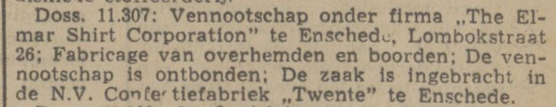 Lombokstraat 26 The Elmar Shirt Corporation krantenbericht Tubantia 10-7-1941.jpg