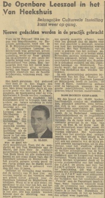 M. Elsen Directeur Openbare Leeszaal en Bibliotheek krantenbericht Tubantia 30-11-1946.jpg