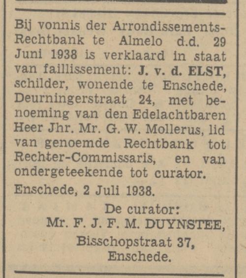 Deurningerstraat 24 J. v.d. Elast krantenbericht Tubantia 2-7-1938.jpg