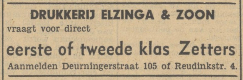 Deurningerstraat 105 Drukkerij Elinga en Zoon advertentie Tubantia 16-5-1949.jpg