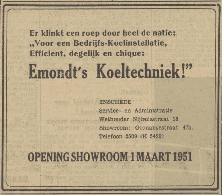 Wethouder Nijhuisstraat 18 Emondt's Koeltechniek advertentie Tubantia 28-2-1951.jpg