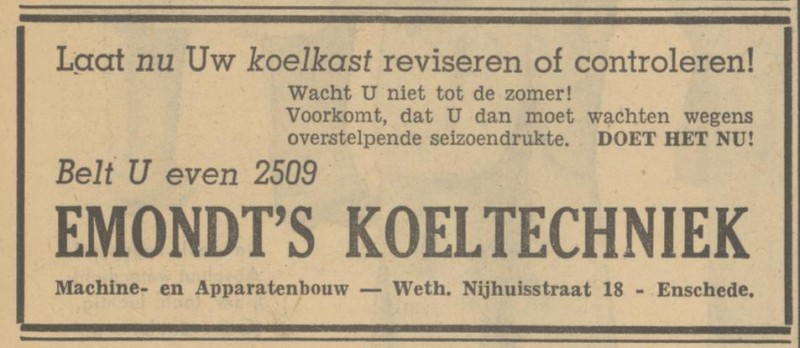 Wethouder Nijhuisstraat 18 Emondt's Koeltechniek advertentie Tubantia 1-4-1949.jpg