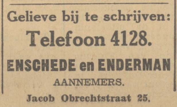 Jacob Obrechtstraat 25 Enschede en Enderman Aannemers advertentie Tubantia 29-3-1933.jpg