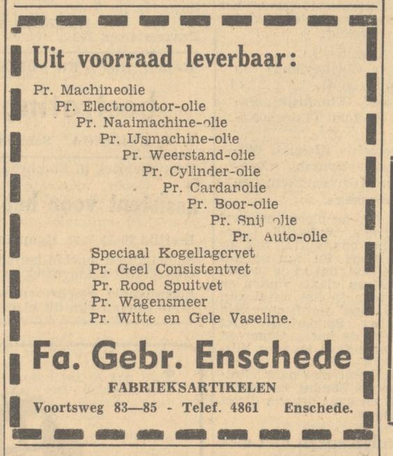 Voortsweg 83-85 Fa. Gebr. Enschede in fabrieksartikelen advertentie Tubantia 3-5-1947.jpg