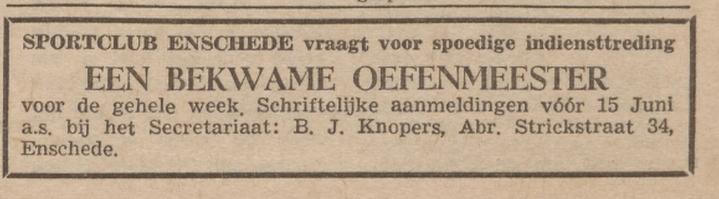 Abraham Strickstraat 34 B.J. Knoipers Secr. Sportclub Enschede advertentie Sportkroniek 31-5-1954.jpg