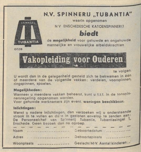 Tubantiasingel 1 N.V. Enschedese Katoenspinnerij. N.V. Spinnerij Tubantia advertentie 12-11-1960.jpg