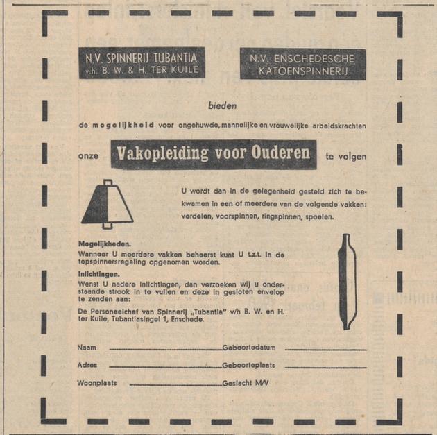 Tubantiasingel 1 N.V. Enschedese Katoenspinnerij. N.V. Spinnerij Tubantia v.h. B.W. & H. ter Kuile advertentie 24-11-1959.jpg