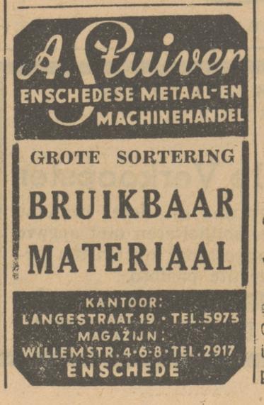 Langestraat 19 A. Stuiver kant. Enschedese Metaal- en Machinehandel advertentie Tubantia 26-3-1949.jpg