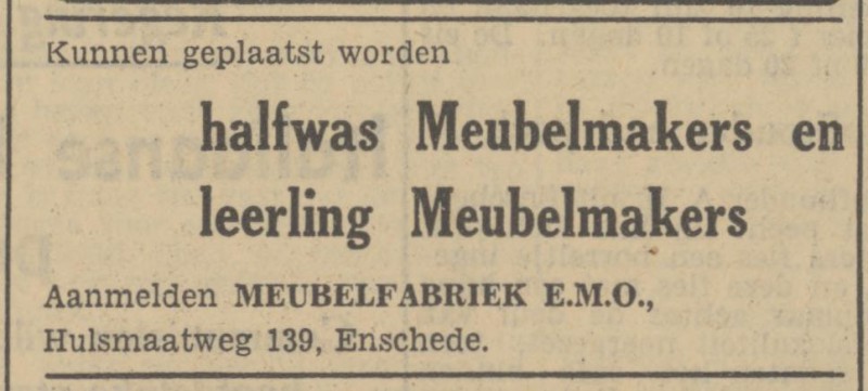 Hulsmaatweg 139 Meubelfabriek E.M.O. advertentie Tubantia 7-3-1951.jpg