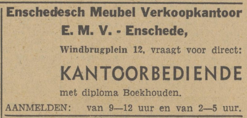 Windbrugplein 12 Enschedesche Meubel Verkoopkantoor E.M.V. advertentie Tubantia 23-7-1948.jpg