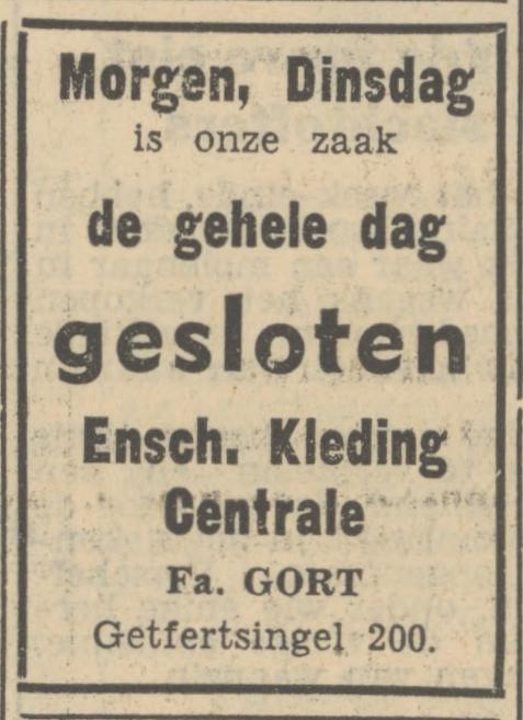 Getfertsingel 200 Enschedesche Kleding Centrale Fa. Gort advertentie Tubantia 15-10-1951.jpg