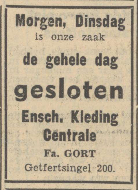 Getfertsingel 200 Enschedesche Kleding Centrale Fa. Gort advertentie Tubantia 15-10-1951.jpg