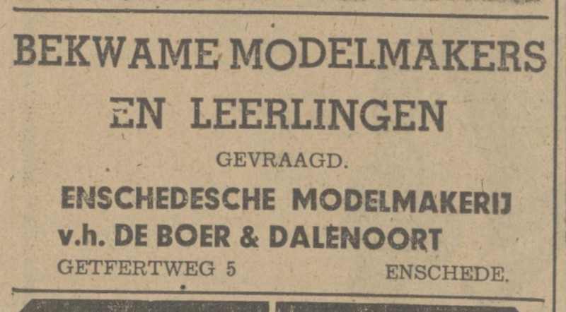 Getfertweg 5 Enschedesche Modelmakerij v.h. De Boer en Dalenoort advertentie Tubantia 27-3-1948.jpg