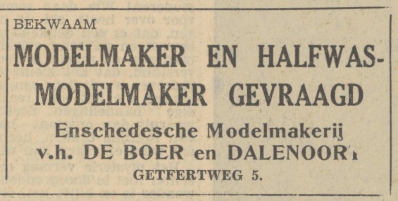 Getfertweg 5 Enschedesche Modelmakerij v.h. De Boer en Dalenoort advertentie Tubantia 13-10-1951.jpg