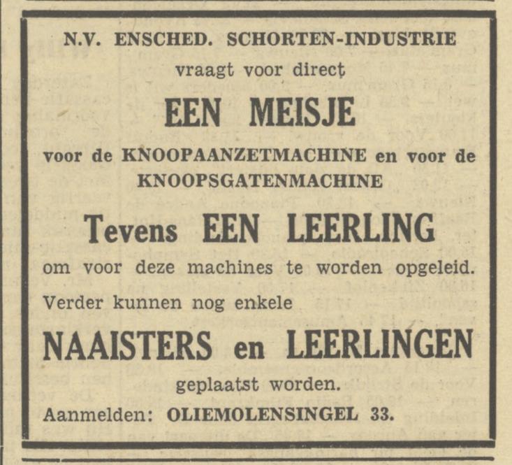 Oliemolensingel 33 Enschedesche Schorten-Industrie advertentie Tubantia 22-5-1950.jpg